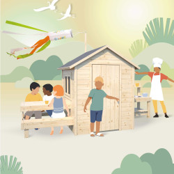 Cabaña de madera con mesa y mini cocina para niños - Blanco