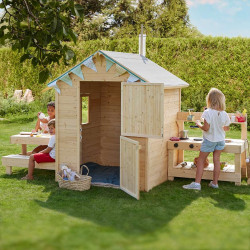 Cabaña de madera con mesa y mini cocina para niños - Blanco