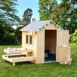 Cabaña de madera con mesa y mini cocina para niños - Blanco