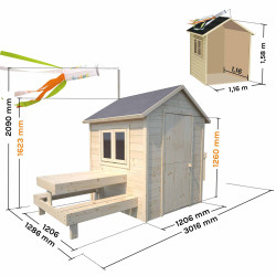Cabaña de madera con mesa y mini cocina para niños - Blanco