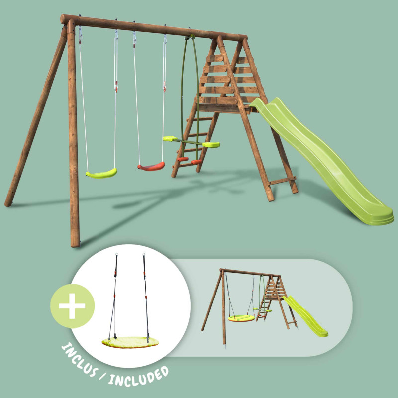 copy of Portique en bois avec plateforme 3 agrès et toboggan - Violette