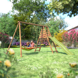 copy of Portique en bois avec plateforme 3 agrès et toboggan - Violette