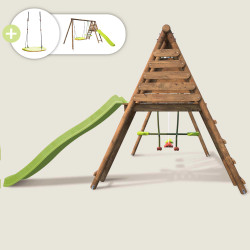 copy of Portique en bois avec plateforme 3 agrès et toboggan - Violette