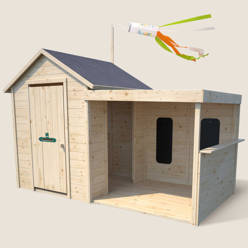 Cabaña de madera con patio cubierto para niños – Sarah - Vista de 3/4 derecha