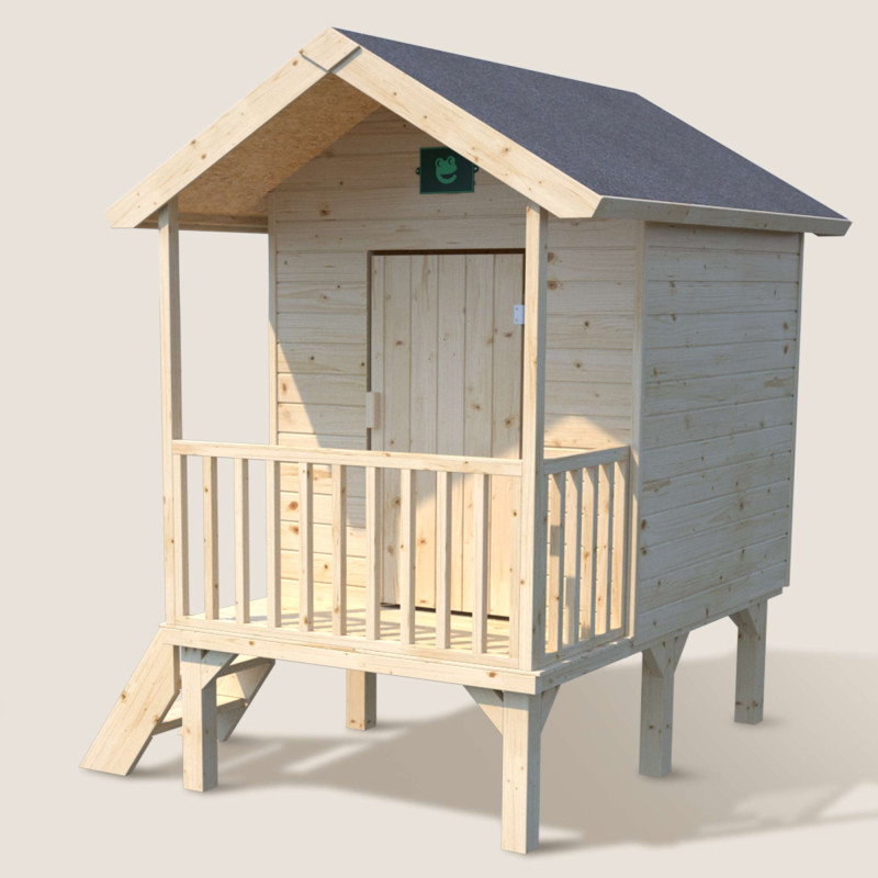Cabaña infantil de madera sobre pilotes con toldo Kanguro - Vista lateral derecha 3/4