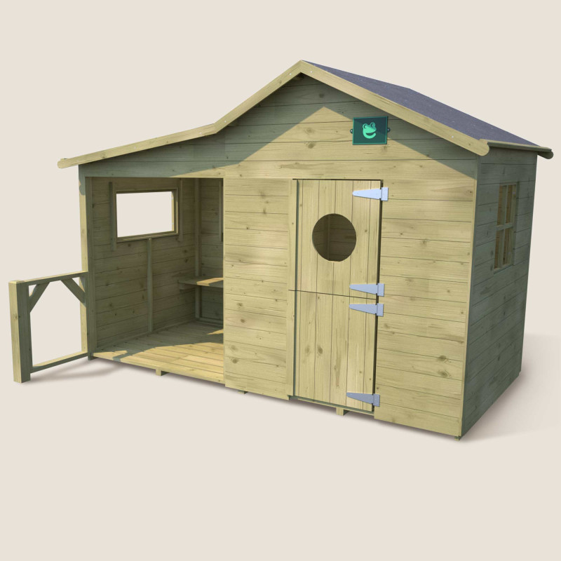 Cabaña de madera tratada para niños con porche y banco - Hacienda - Vista 3/4 izquierda
