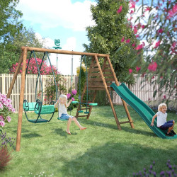Portico de madera con columpio balancín y tobogán - Nigel - Uso familiar en exteriores