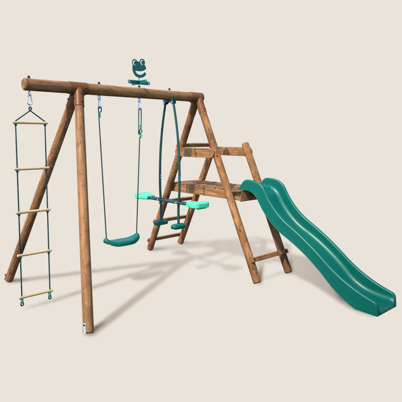 Estación de columpios de madera tratada para niños con 3 aparatos y tobogán - Morera - Vista 3/4 derecha