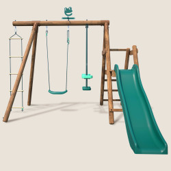 Columpio infantil de madera tratada con 3 piezas y tobogán H1m95 - Mulberry