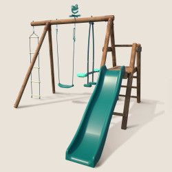 Estación de columpios de madera tratada para niños con 3 aparatos y tobogán - Morera - Vista 3/4 izquierda