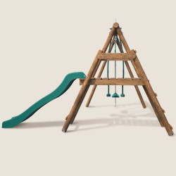 Estación de columpios de madera tratada para niños con 3 aparatos y tobogán - Morera - Vista lateral