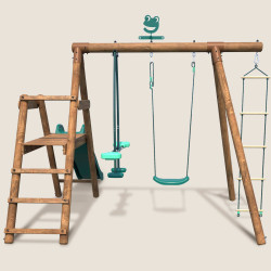 Estación de columpios de madera tratada para niños con 3 aparatos y tobogán - Morera - Vista trasera