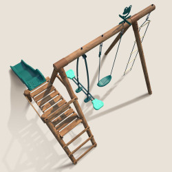 Estación de columpios de madera tratada para niños con 3 aparatos y tobogán - Morera - Vista desde arriba