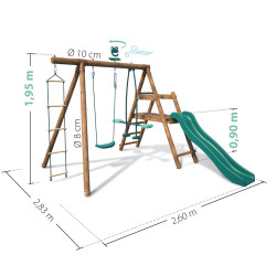 Estación balancín de madera tratada para niños con 3 aparatos y tobogán - Morera - Dimensiones del producto