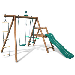 Estación balancín de madera tratada para niños con 3 aparatos y tobogán - Morera - Vista 3/4 derecha - Fondo blanco