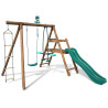 Estación balancín de madera tratada para niños con 3 aparatos y tobogán - Morera - Vista 3/4 derecha - Fondo blanco