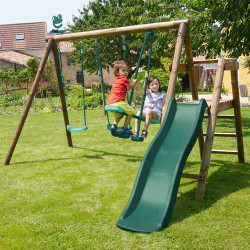 Estación de madera tratada para niños con 3 aparatos y tobogán - Higuera - Uso familiar en exteriores - Jardín con niños
