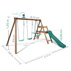 Estación balancín de madera tratada para niños con 3 aparatos y tobogán - Higuera - Dimensiones del producto