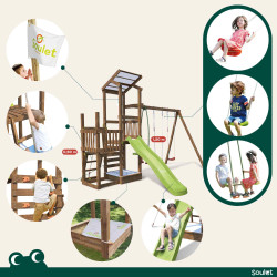 Zona de juegos FUNNY Swing & Climbing 120 de 2 torres con columpios y pared de escalada.