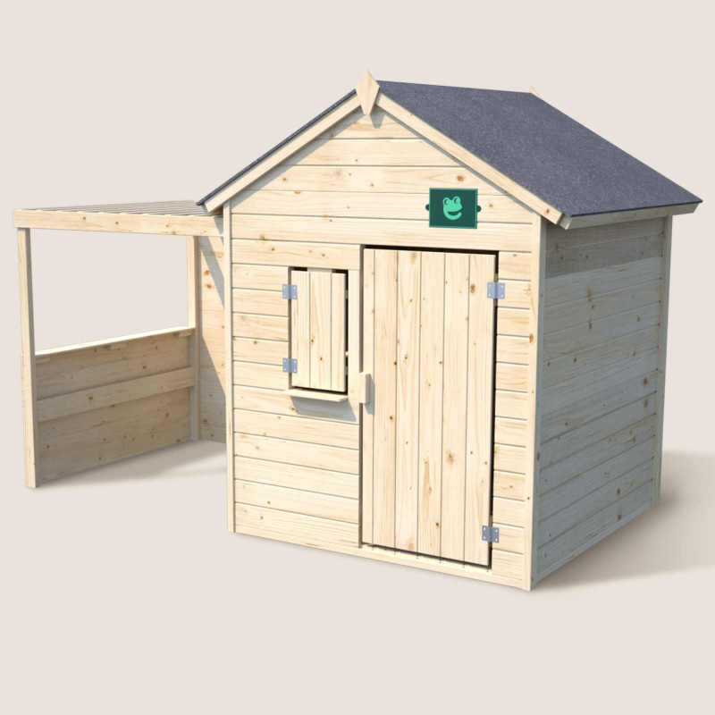 Cabaña infantil de madera con pérgola Alpaga - Vista principal packshot 3/4