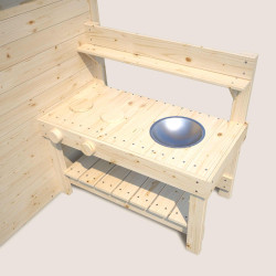 Casita de madera con mesa y minicocina para niños – Blanca - Vista desde la cocina