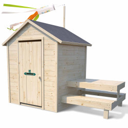 Cabaña de madera con mesa para niños – Tiana - Vista de 3/4 - Fondo blanco