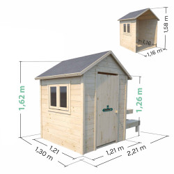 Información sobre las dimensiones interiores y exteriores de la cabaña de madera con mesa para niños