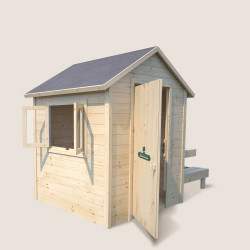 Casita de madera con mesa para niños – Tiana - Vista de 3/4 con puerta abierta