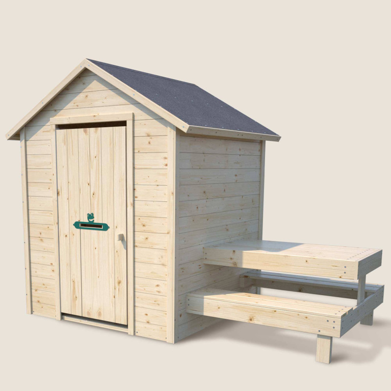 Cabaña de madera con mesa para niños – Tiana - Vista de 3/4