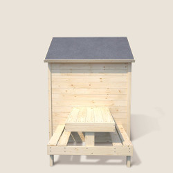 Cabaña de madera con mesa para niños – Tiana - Vista lateral
