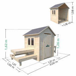 Cabaña de madera con mesa y minicocina para niños – Blanca - Dimensiones del producto