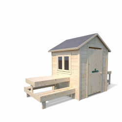 Casita de madera con mesa y minicocina para niños – Blanca - Vista lateral