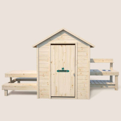 Casita de madera con mesa y minicocina para niños – Blanca - Vista frontal