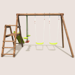 Columpio de madera FIGUIER con 3 elementos de juego y un balancín cara a cara.