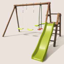 Columpio de madera FIGUIER con 3 elementos de juego y un balancín cara a cara.