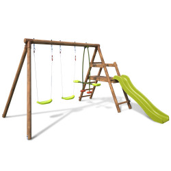 Columpio de madera FIGUIER con 3 elementos de juego y un balancín cara a cara.