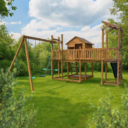 Casita de juegos infantil con columpios y muro de escalada - COTTAGE FUNNY