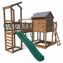 Casita de juegos infantil con columpios y muro de escalada - COTTAGE FUNNY
