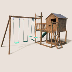 Casita de juegos para niños con columpio y cuerda para escalar - COTTAGE HAPPY