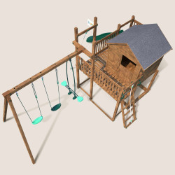 Casita de juegos para niños con columpio y cuerda para escalar - COTTAGE HAPPY