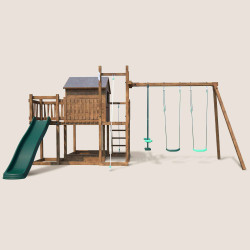 Casita de juegos para niños con columpio y cuerda para escalar - COTTAGE HAPPY