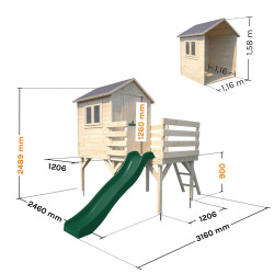Cabaña de madera sobre pilotes con tobogán para niños – Joséphine