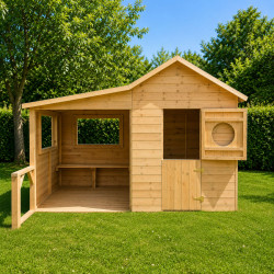 Casita de juegos de madera tratada para niños con zona cubierta y banco - Hacienda