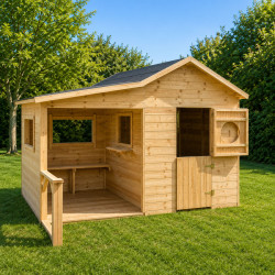 Casita de juegos de madera tratada para niños con zona cubierta y banco - Hacienda