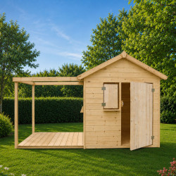 Cabaña de madera con pérgola y suelo para niños - Epicerie
