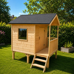 Cabaña infantil de madera sobre pilotes con toldo Kanguro - Vista ambiente 3/4 lado balcón