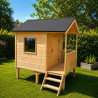 Cabaña infantil de madera sobre pilotes con toldo Kanguro - Vista ambiente 3/4 lado balcón