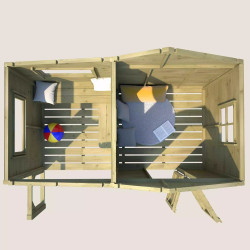 Casita de juegos de madera tratada para niños con zona cubierta y banco - Hacienda