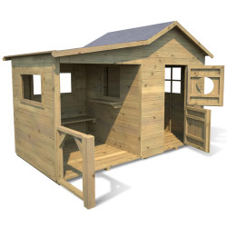 Casita de juegos de madera tratada para niños con zona cubierta y banco - Hacienda