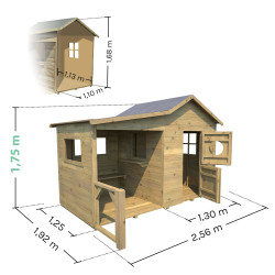 Casita de juegos de madera tratada para niños con zona cubierta y banco - Hacienda